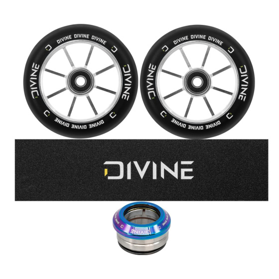 Zestaw 2 szt. kółek Divine 110 mm Spoked srebrne + Divine griptape + Divine headset