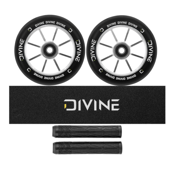 Zestaw 2 sztuk kółek Divine 120 mm Spoked srebrne + Divine griptape + Divine gripy