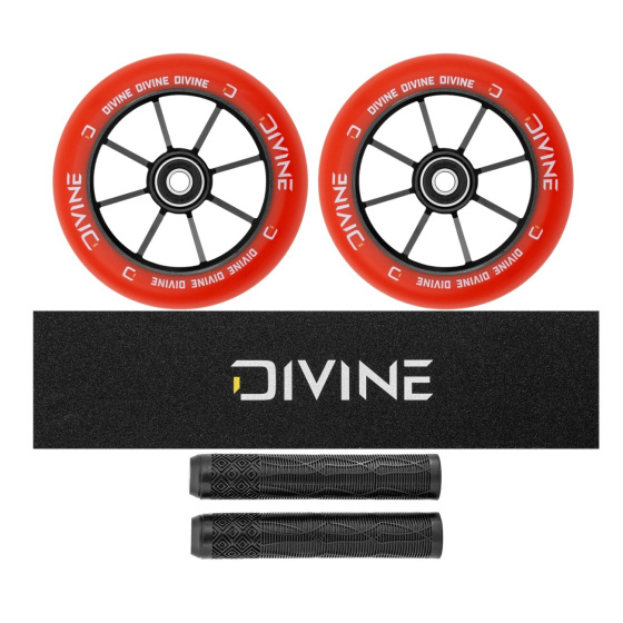 Zestaw 2 sztuk kółek Divine 110 mm Spoked czerwone + Divine griptape + Divine gripy