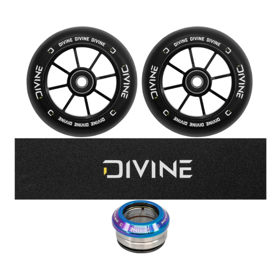 Zestaw 2 sztuk kółek Divine 120 mm Spoked czarne + Divine griptape + Divine headset
