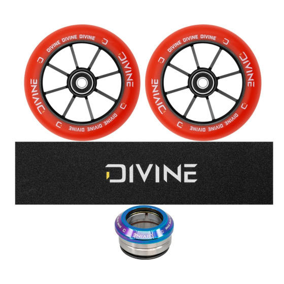 Zestaw 2 szt. kółek Divine 110 mm Spoked czerwone + Divine griptape + Divine headset