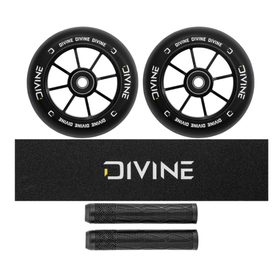 Zestaw 2 sztuk kółek Divine 110 mm Spoked czarne + Divine griptape + Divine gripy